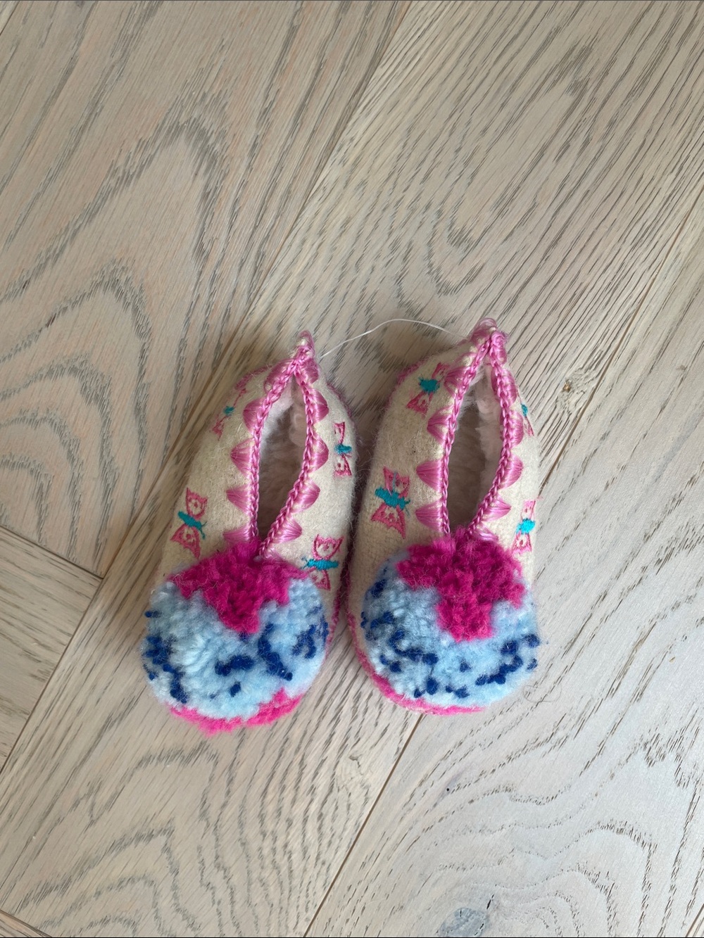 Handmade Pom-Pom Baby Slippers in Pink, Blue & Cream